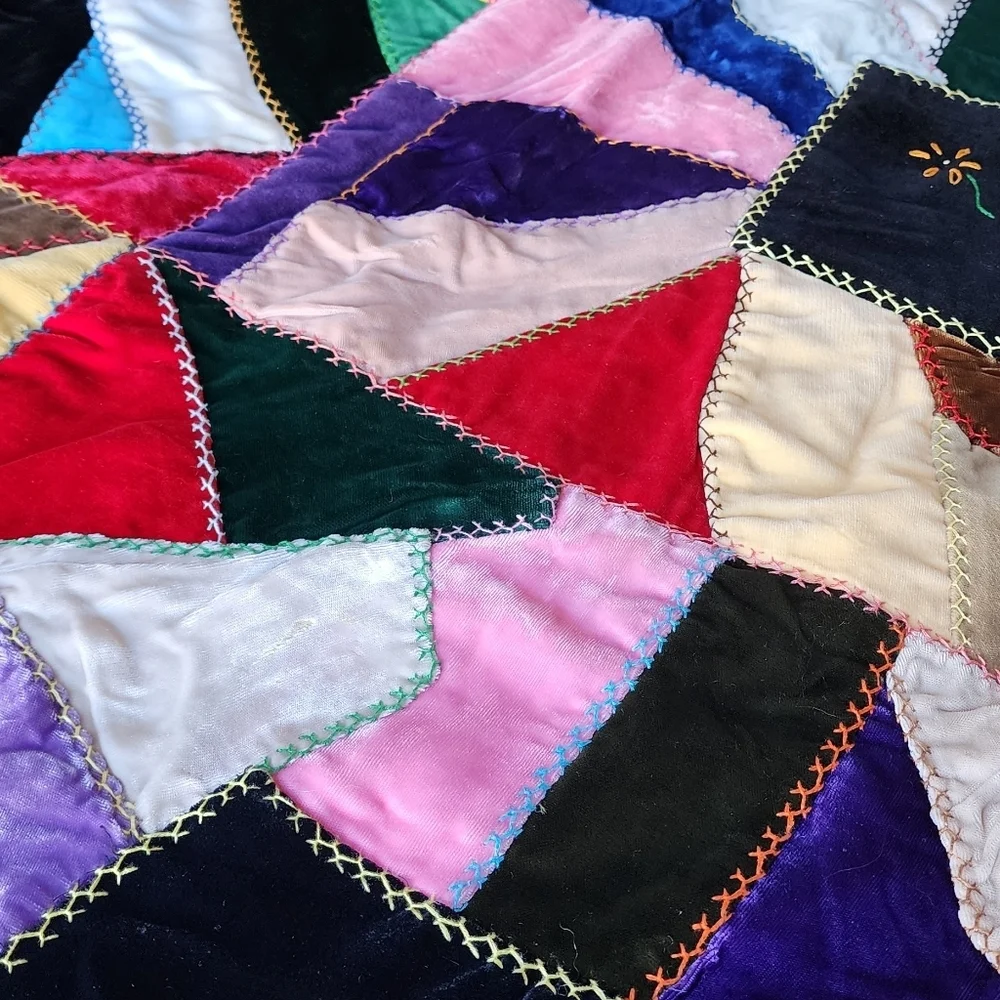 ANTIQUE Velvet Crazy Quilt bright colors floral embroidered 73in x 55in‎